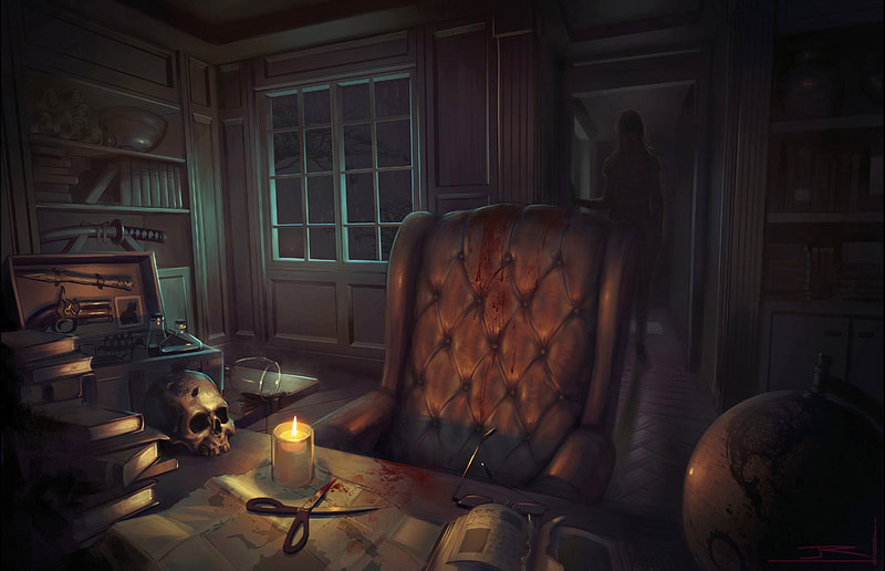 Digital painting of a murder mystery in a rich mahogany office. An empty, bloody chair sits in front of a desk.